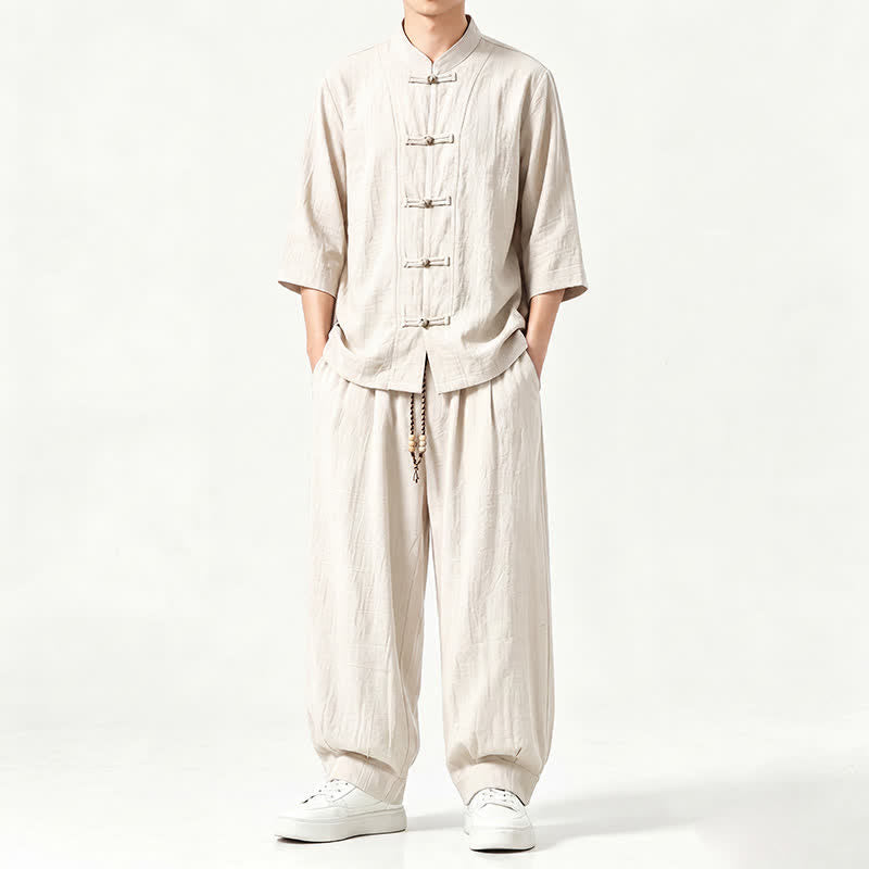 Buddha Stones Spring Summer Tang Style Meditation Frog Button Solid Three-Quarter Sleeve Shirt Pants Men's Meditation Cloth With Pocket - AntiqueWhite - US/UK/AU46,EU56 (5XL) - image 19