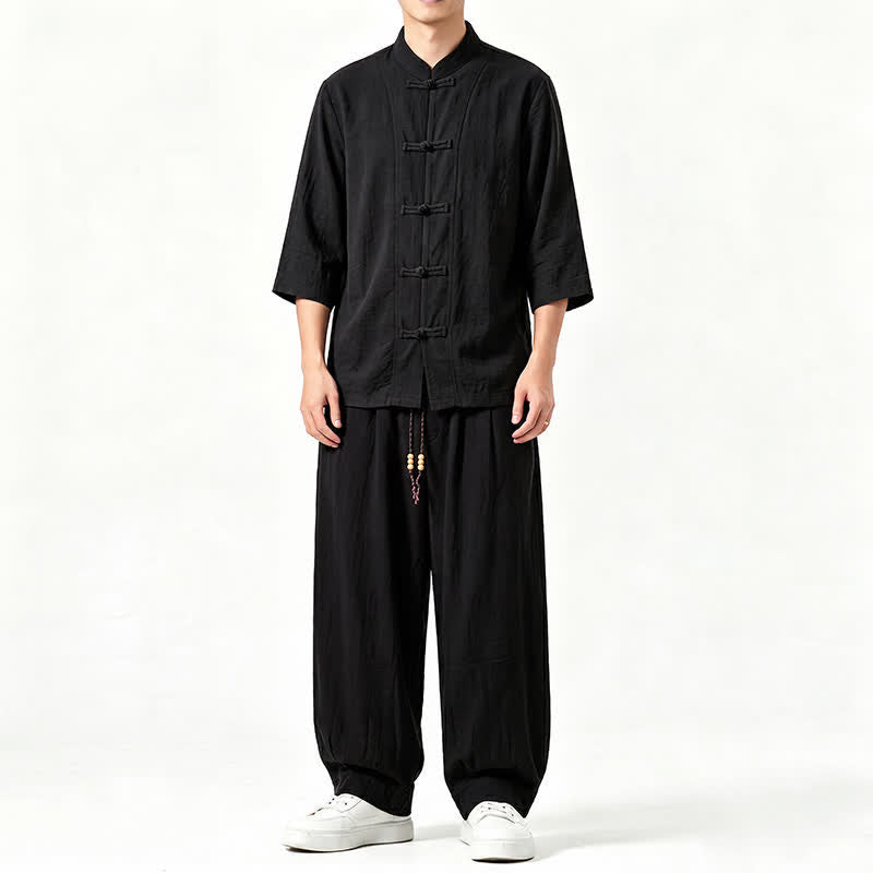 Buddha Stones Spring Summer Tang Style Meditation Frog Button Solid Three-Quarter Sleeve Shirt Pants Men's Meditation Cloth With Pocket - Black - US/UK/AU46,EU56 (5XL) - image 10
