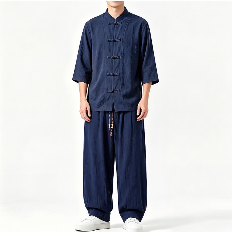 Buddha Stones Spring Summer Tang Style Meditation Frog Button Solid Three-Quarter Sleeve Shirt Pants Men's Meditation Cloth With Pocket - Navy - US/UK/AU46,EU56 (5XL) - image 15