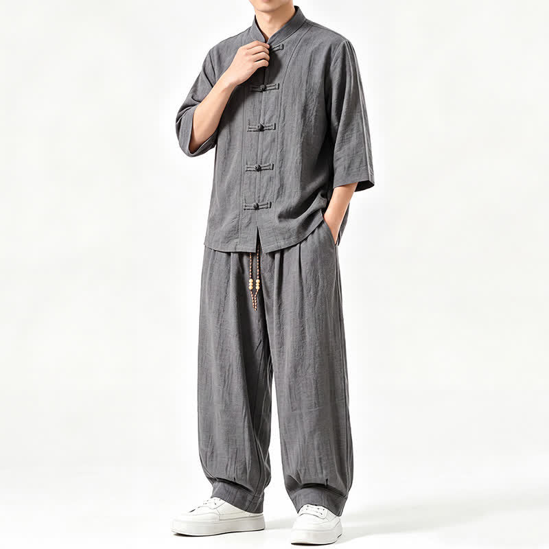 Buddha Stones Spring Summer Tang Style Meditation Frog Button Solid Three-Quarter Sleeve Shirt Pants Men's Meditation Cloth With Pocket - DimGray - US/UK/AU46,EU56 (5XL) - image 0