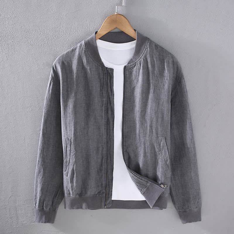Buddha Stones Spring Casual Minimalist Solid Zipper Design Linen Men's Jacket With Pockets - Gray - US/UK/AU42,EU52 (3XL) - image 1