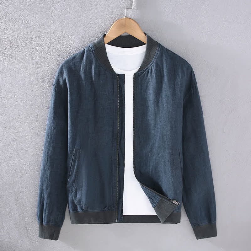 Buddha Stones Spring Casual Minimalist Solid Zipper Design Linen Men's Jacket With Pockets - SteelBlue - US/UK/AU42,EU52 (3XL) - image 9