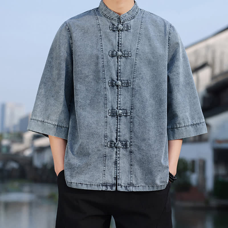 Buddha Stones Spring Vintage Tang Style Frog Button Solid Cotton Cropped Elbow-Length Sleeve Men's Jacket - SteelBlue - US/UK/AU46,EU56 (5XL) - image 13