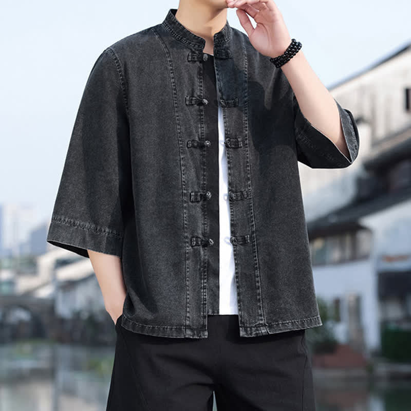 Buddha Stones Spring Vintage Tang Style Frog Button Solid Cotton Cropped Elbow-Length Sleeve Men's Jacket - Black - US/UK/AU46,EU56 (5XL) - image 0