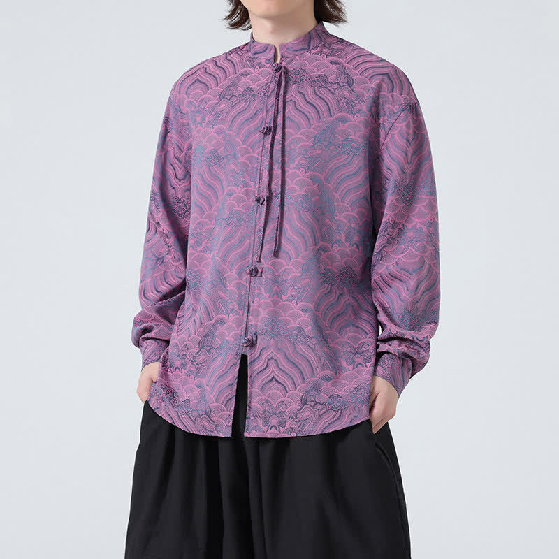 Buddha Stones Fall Vintage Tang Style Mandarin Collar Abstract Waves Men's Long Sleeve Shirts - Thistle - US/UK/AU46,EU56 (5XL) - image 16