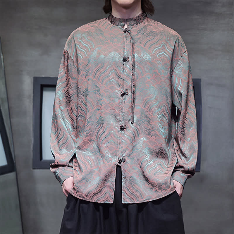 Buddha Stones Fall Vintage Tang Style Mandarin Collar Abstract Waves Men's Long Sleeve Shirts - DarkOliveGreen - US/UK/AU46,EU56 (5XL) - image 0