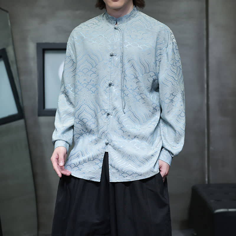 Buddha Stones Fall Vintage Tang Style Mandarin Collar Abstract Waves Men's Long Sleeve Shirts - LightBlue - US/UK/AU46,EU56 (5XL) - image 26