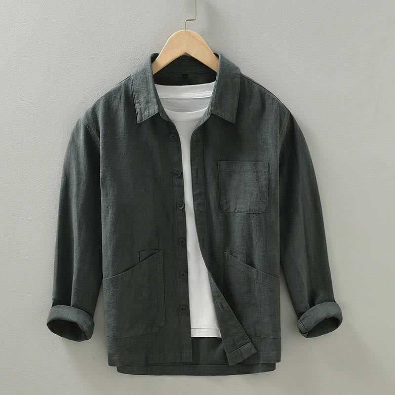 Buddha Stones Fall Casual Minimalist Button-Up Solid Ramie Men's Jacket With Pockets - DimGray - US/UK/AU42,EU52 (3XL) - image 0