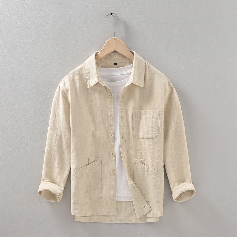 Buddha Stones Fall Casual Minimalist Button-Up Solid Ramie Men's Jacket With Pockets - Wheat - US/UK/AU42,EU52 (3XL) - image 13