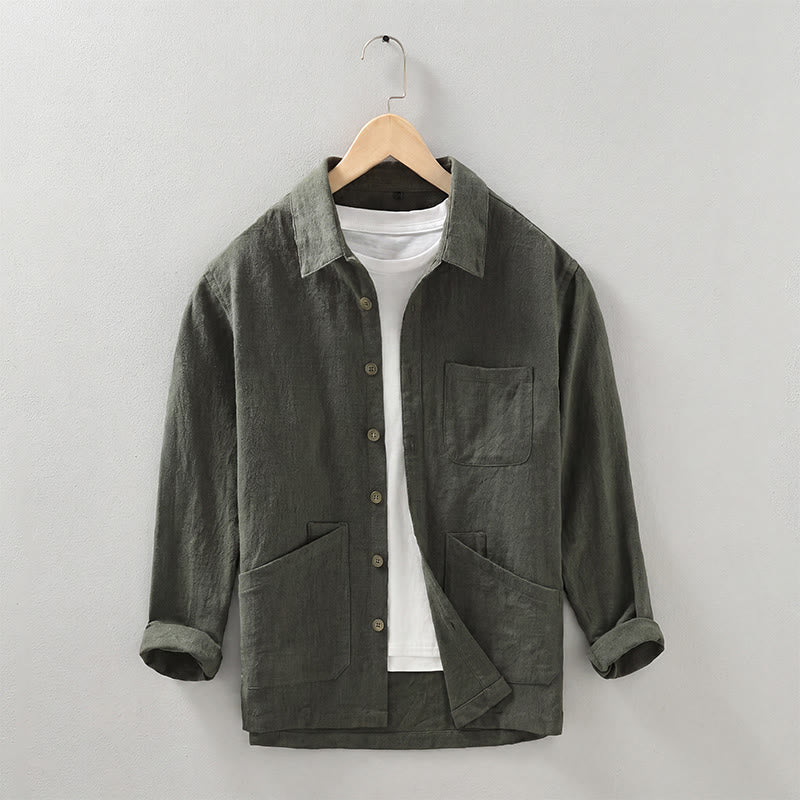 Buddha Stones Fall Casual Minimalist Button-Up Solid Ramie Men's Jacket With Pockets - DarkOliveGreen - US/UK/AU42,EU52 (3XL) - image 20