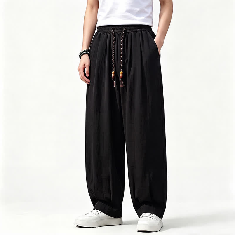 Buddha Stones Spring Summer Casual Drawstring Elastic Waist Solid Long Pants Men's Straight Leg Pants With Pockets - Black - US/UK/AU46,EU56 (5XL) - image 7