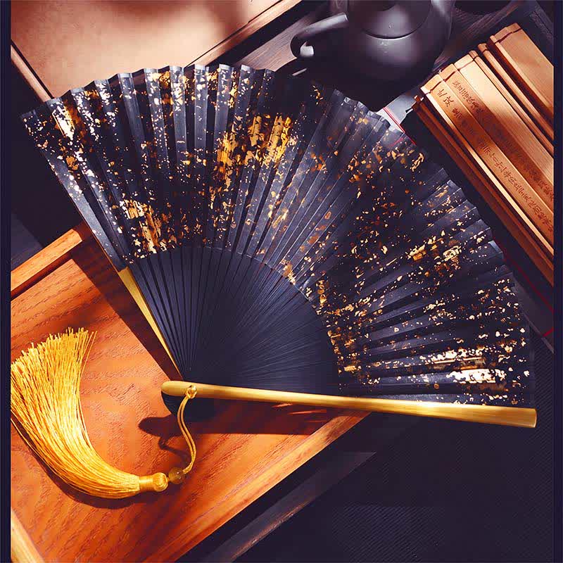 Buddha Stones gold speckle pattern Bamboo Folding Tassel Fan - Gold - image 0