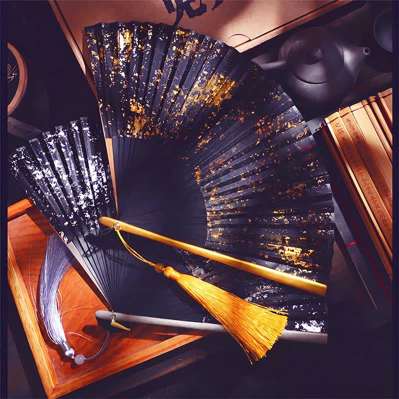 Buddha Stones gold speckle pattern Bamboo Folding Tassel Fan - image 9