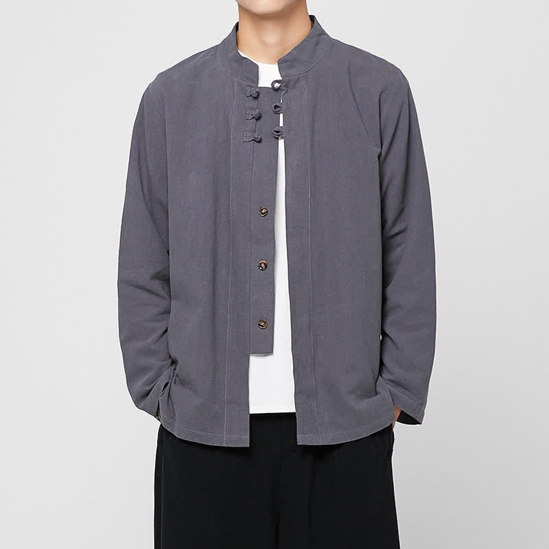 Buddha Stones Spring Fall Tang Style Minimalist Mandarin Collar Frog Button Solid Men's Long Sleeve Shirts - SlateGray - US/UK/AU46,EU56 (5XL) - image 0
