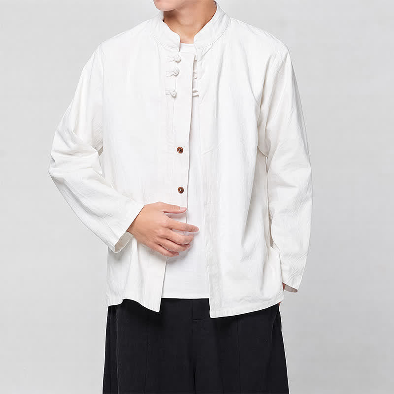 Buddha Stones Spring Fall Tang Style Minimalist Mandarin Collar Frog Button Solid Men's Long Sleeve Shirts - White - US/UK/AU46,EU56 (5XL) - image 13
