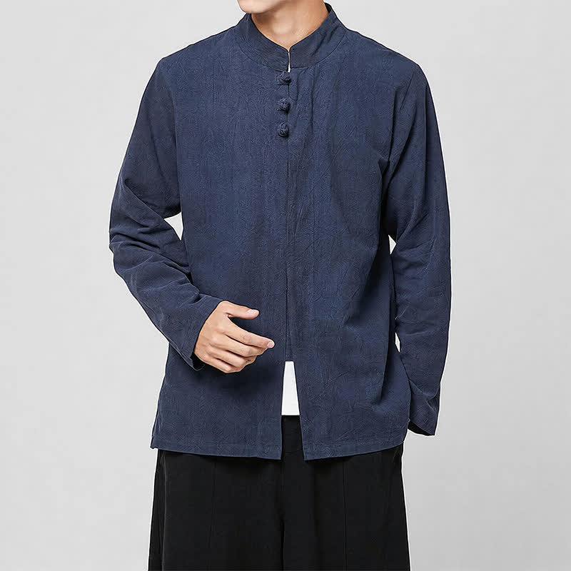 Buddha Stones Spring Fall Tang Style Minimalist Mandarin Collar Frog Button Solid Men's Long Sleeve Shirts - Navy - US/UK/AU46,EU56 (5XL) - image 5