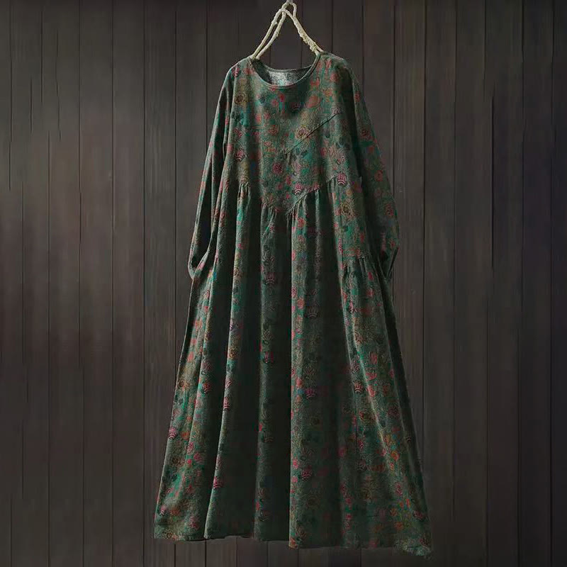 Buddha Stones Retro Floral Pattern A-line Design Long Sleeve Women's Midi Dress - DarkOliveGreen - US4-8/10,UK/AU8-12/14,EU36-40/42 (F) - image 0