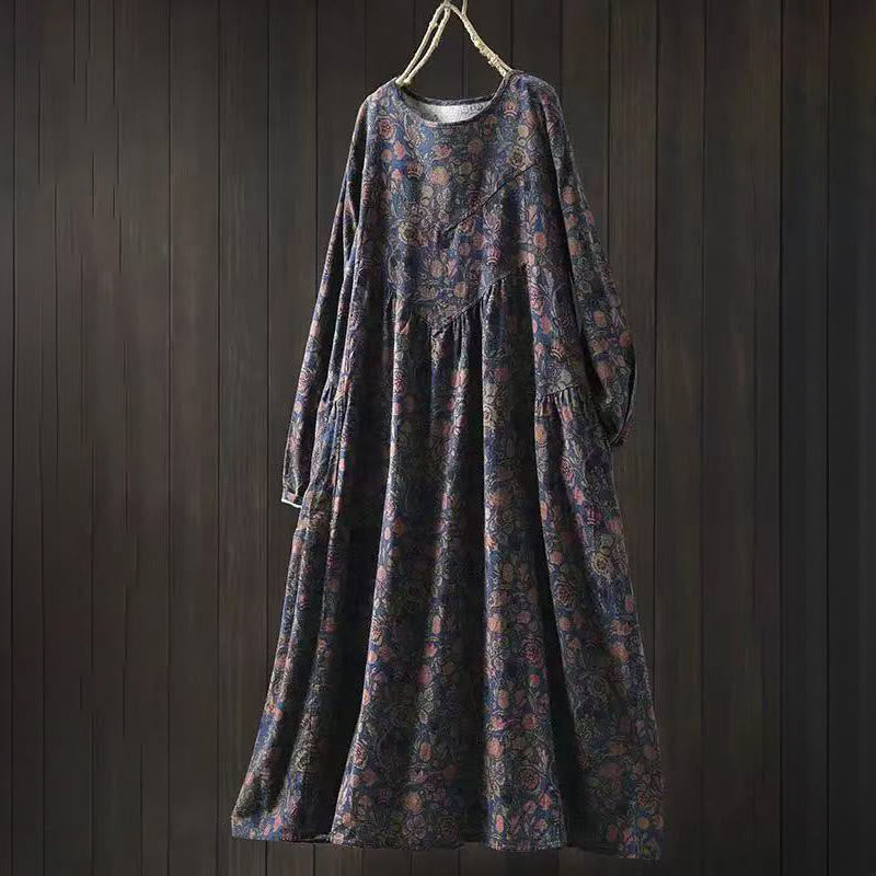 Buddha Stones Retro Floral Pattern A-line Design Long Sleeve Women's Midi Dress - DarkBlue - US4-8/10,UK/AU8-12/14,EU36-40/42 (F) - image 11