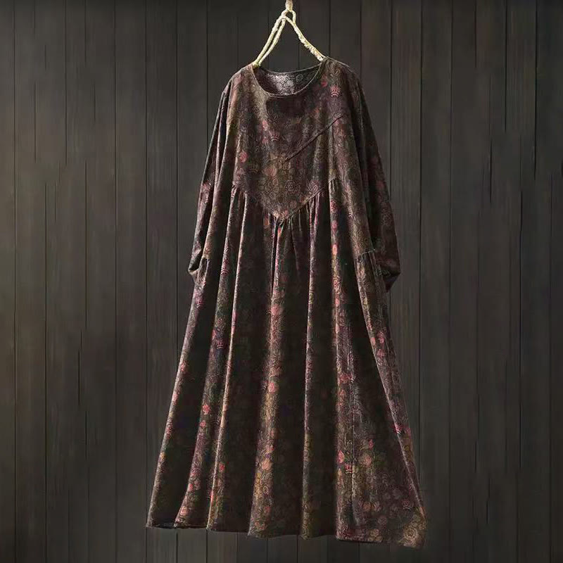Buddha Stones Retro Floral Pattern A-line Design Long Sleeve Women's Midi Dress - SaddleBrown - US4-8/10,UK/AU8-12/14,EU36-40/42 (F) - image 13