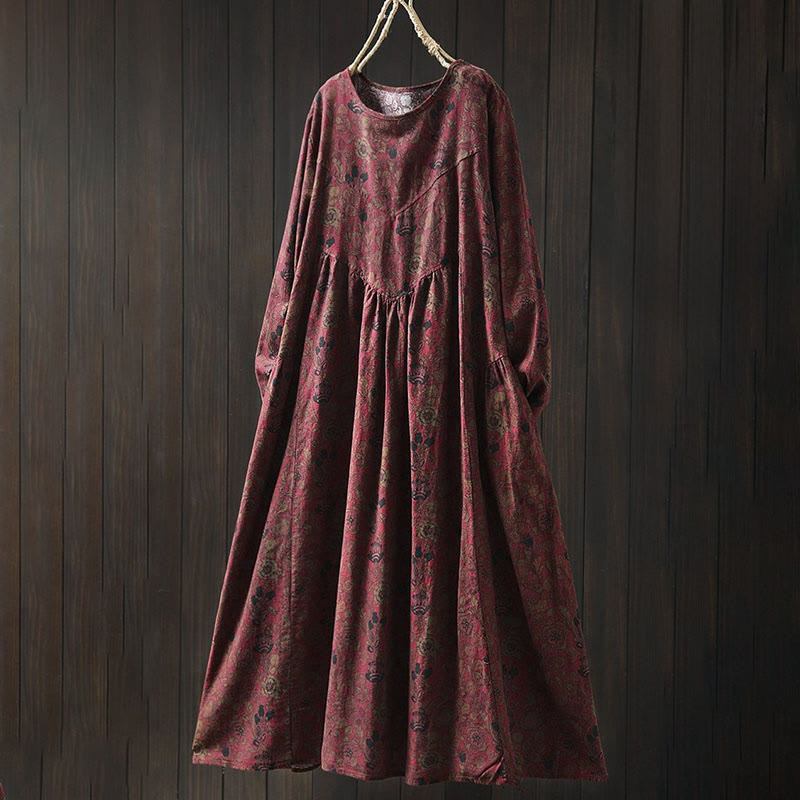 Buddha Stones Retro Floral Pattern A-line Design Long Sleeve Women's Midi Dress - FireBrick - US4-8/10,UK/AU8-12/14,EU36-40/42 (F) - image 2