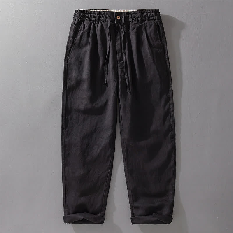 Buddha Stones Spring Summer Casual Drawstring Zipper Design Solid Linen Long Pants Men's Straight Leg Pants With Pockets - Black - US/UK/AU42,EU52 (3XL) - image 8