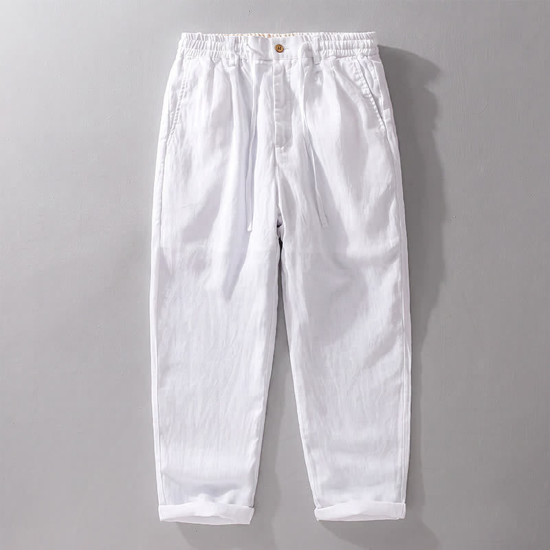Buddha Stones Spring Summer Casual Drawstring Zipper Design Solid Linen Long Pants Men's Straight Leg Pants With Pockets - White - US/UK/AU42,EU52 (3XL) - image 15