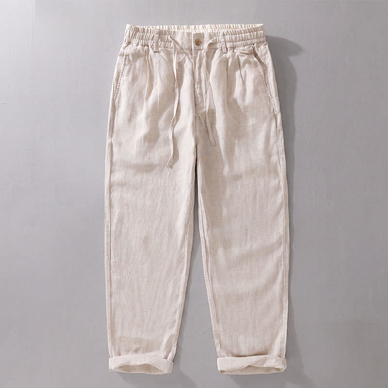 Buddha Stones Spring Summer Casual Drawstring Zipper Design Solid Linen Long Pants Men's Straight Leg Pants With Pockets - Linen - US/UK/AU42,EU52 (3XL) - image 0