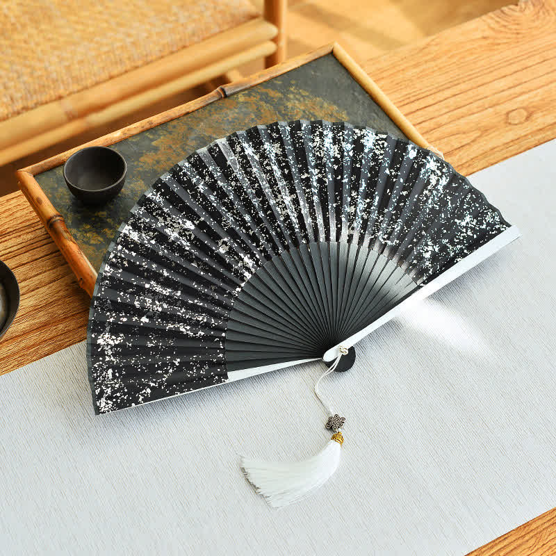 Buddha Stones Midnight Speckle Bamboo Chinese Knotting Tassel Folding Fan - Silver Splatter - Closed Size: Approx. 21 cm / 8.3 in - image 3