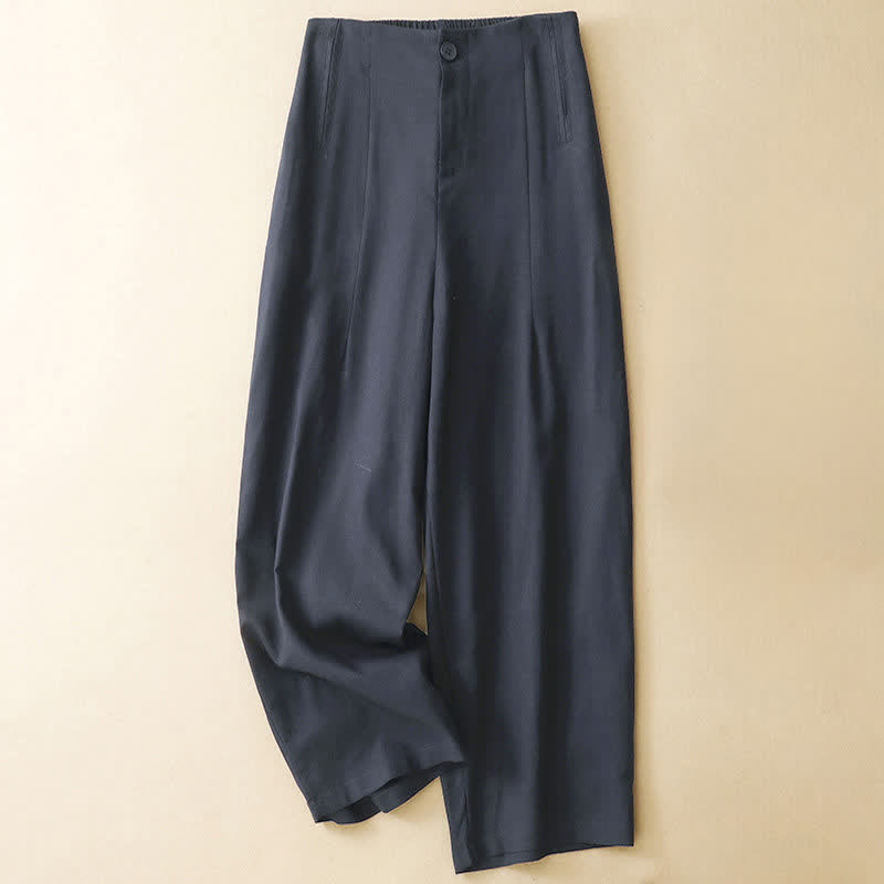 Buddha Stones Summer Minimalist Button-Up High Waist Solid Linen Women's Harem Pants With Pockets - MidnightBlue - US12,UK/AU16,EU44 (3XL) - image 3