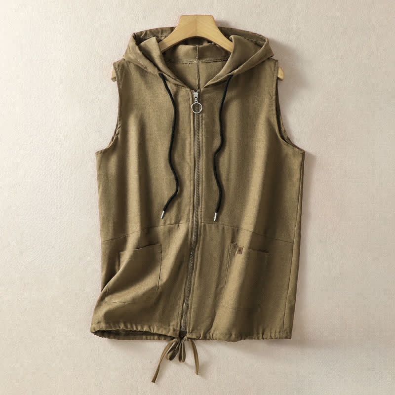 Buddha Stones Summer Casual Drawstring Solid Zipper Design Women's Sleeveless Hooded Shirts With Pockets - DarkKhaki - US12,UK/AU16,EU44 (2XL) - image 19