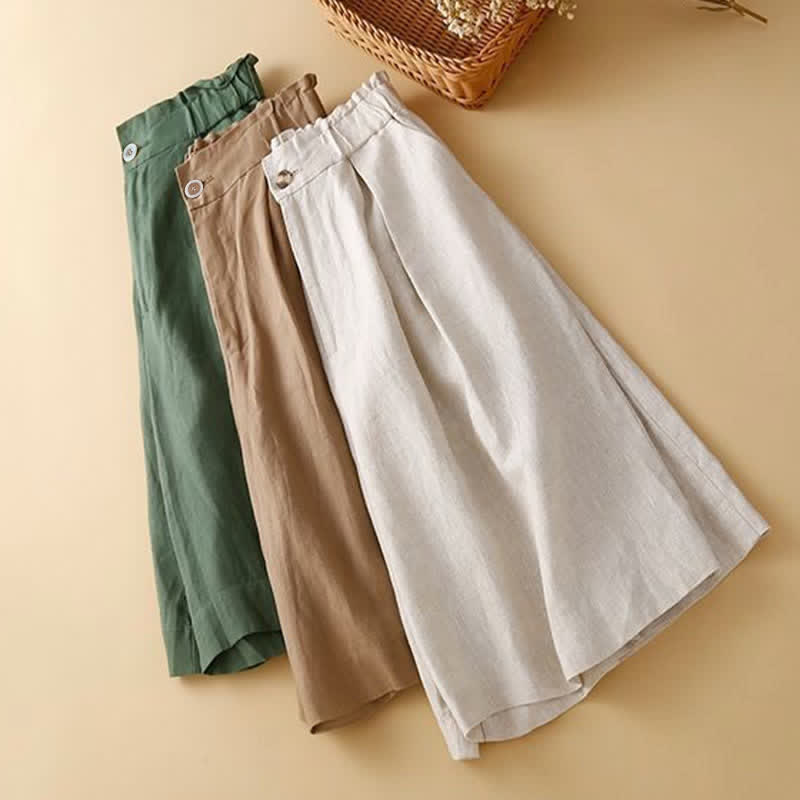 Buddha Stones Plain Color Pleated Zipper Button Cotton Linen Women's Shorts With Pockets - image 1