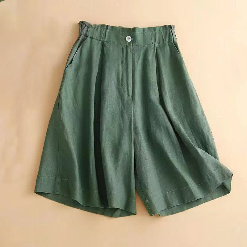 Buddha Stones Plain Color Pleated Zipper Button Cotton Linen Women's Shorts With Pockets - SeaGreen - US12,UK/AU16,EU44 (3XL) - image 13