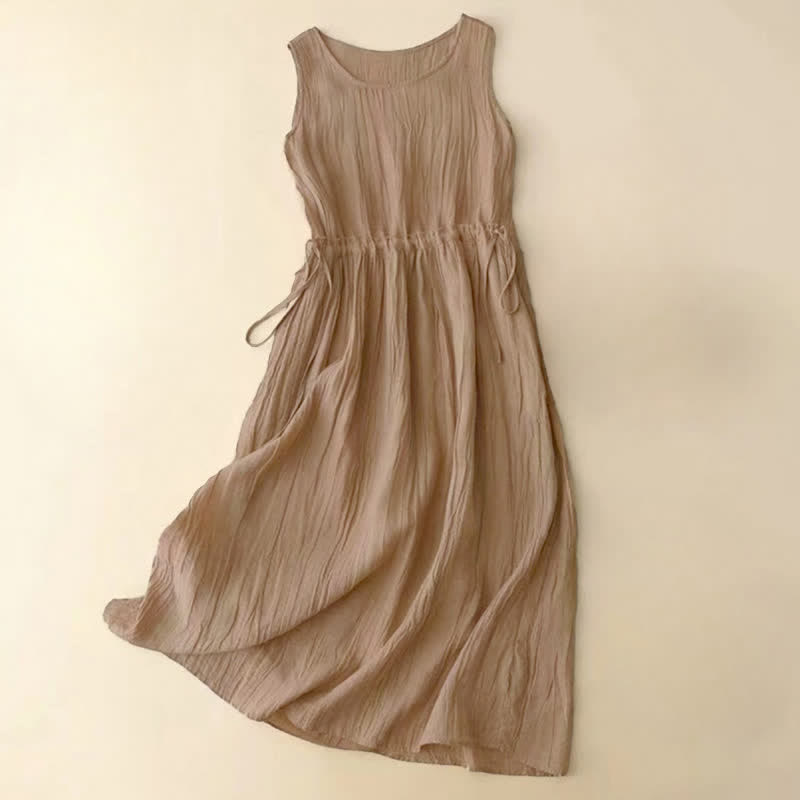 Buddha Stones Casual Plain Handmade Drawstring Waist Midi Dress Sleeveless Dress With Pockets - BurlyWood - US8-10,UK/AU12-14,EU40-42 (2XL) - image 0