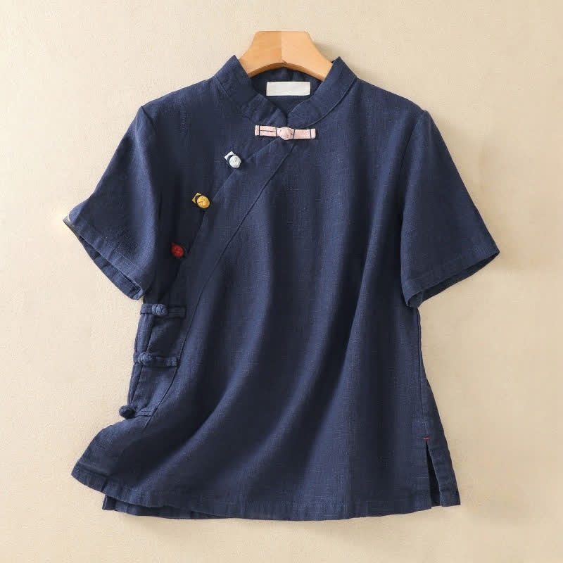Buddha Stones Casual Plain Slant Stand Collar Collar Colorful Frog-Button Tang Suit Women's Cotton Linen Three Quarter Sleeve Shirt - Navy - US8-10,UK/AU12-14,EU40-42 (2XL) - image 0