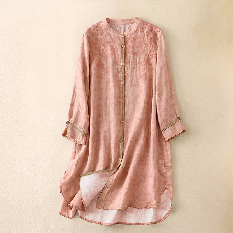Buddha Stones Summer Casual Embroidered Stand Collar Design Three Quarter Sleeve Midi Dress - Pink - US8-10,UK/AU12-14,EU40-42 (2XL) - image 22