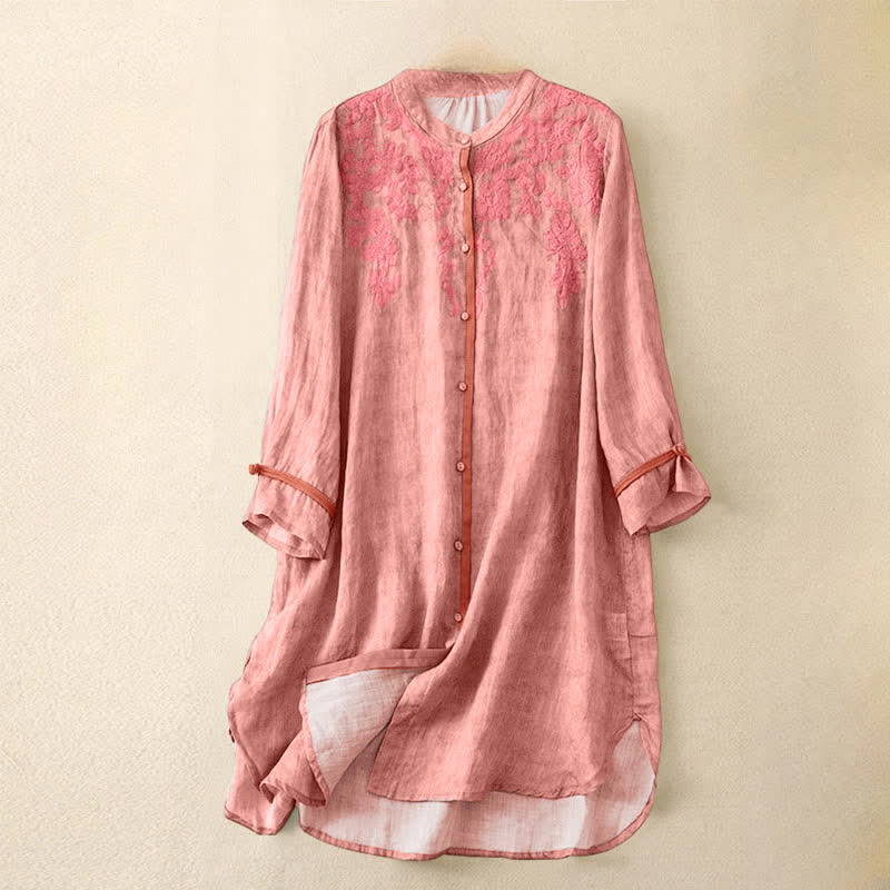 Buddha Stones Summer Casual Embroidered Stand Collar Design Three Quarter Sleeve Midi Dress - LightCoral - US8-10,UK/AU12-14,EU40-42 (2XL) - image 6