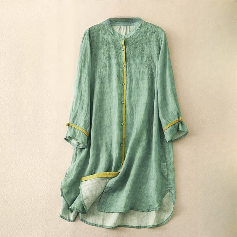 Buddha Stones Summer Casual Embroidered Stand Collar Design Three Quarter Sleeve Midi Dress - MediumSeaGreen - US8-10,UK/AU12-14,EU40-42 (2XL) - image 0
