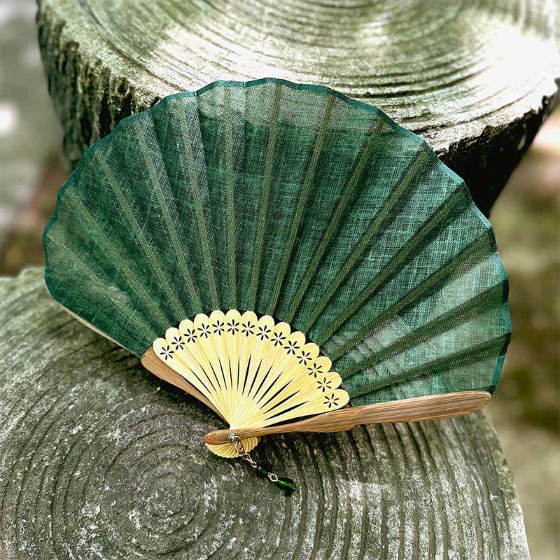 Buddha Stones Elegant Cotton Linen Texture Bamboo Hanfu Style Folding Fan 16 cm - Green - Closed Size: Approx. 16 cm / 6.3 in - image 0
