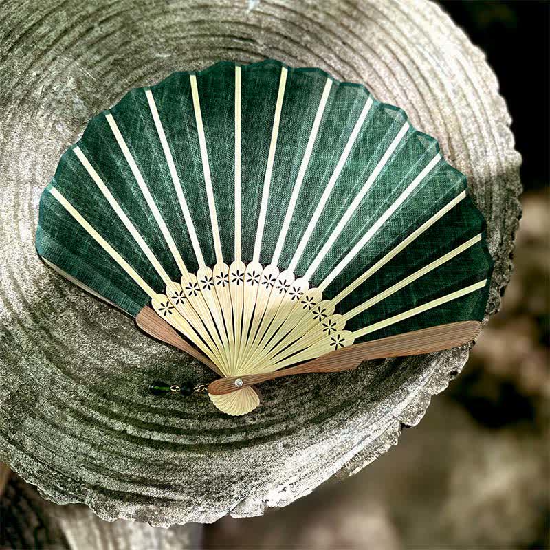 Buddha Stones Elegant Cotton Linen Texture Bamboo Hanfu Style Folding Fan 16 cm - image 2