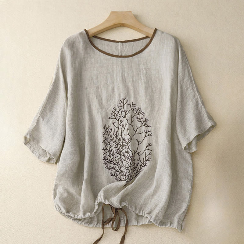 Buddha Stones Casual Embroidery Tree Drawstring Women's Crew Neck Design Half Sleeve T-Shirt - LightGrey - Half Sleeve - US14,UK/AU18,EU46 (2XL) - image 0