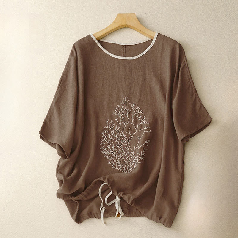 Buddha Stones Casual Embroidery Tree Drawstring Women's Crew Neck Design Half Sleeve T-Shirt - SaddleBrown - Half Sleeve - US14,UK/AU18,EU46 (2XL) - image 10
