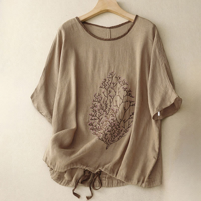 Buddha Stones Casual Embroidery Tree Drawstring Women's Crew Neck Design Half Sleeve T-Shirt - Olive - Half Sleeve - US14,UK/AU18,EU46 (2XL) - image 15