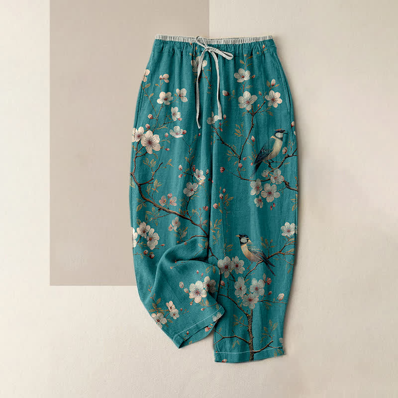 Buddha Stones Pure Cotton Elegant Cherry Blossom Bird Pattern Women's Elastic Waist Pants With Pockets - MediumTurquoise - US16,UK/AU20,EU48 (3XL) - image 0