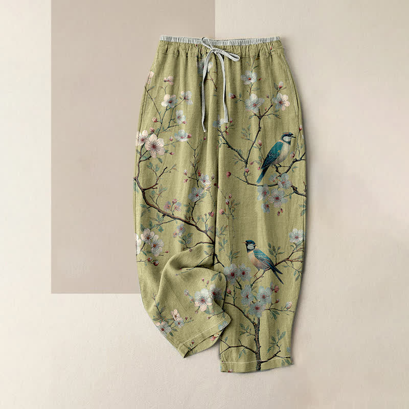 Buddha Stones Pure Cotton Elegant Cherry Blossom Bird Pattern Women's Elastic Waist Pants With Pockets - GreenYellow - US16,UK/AU20,EU48 (3XL) - image 3