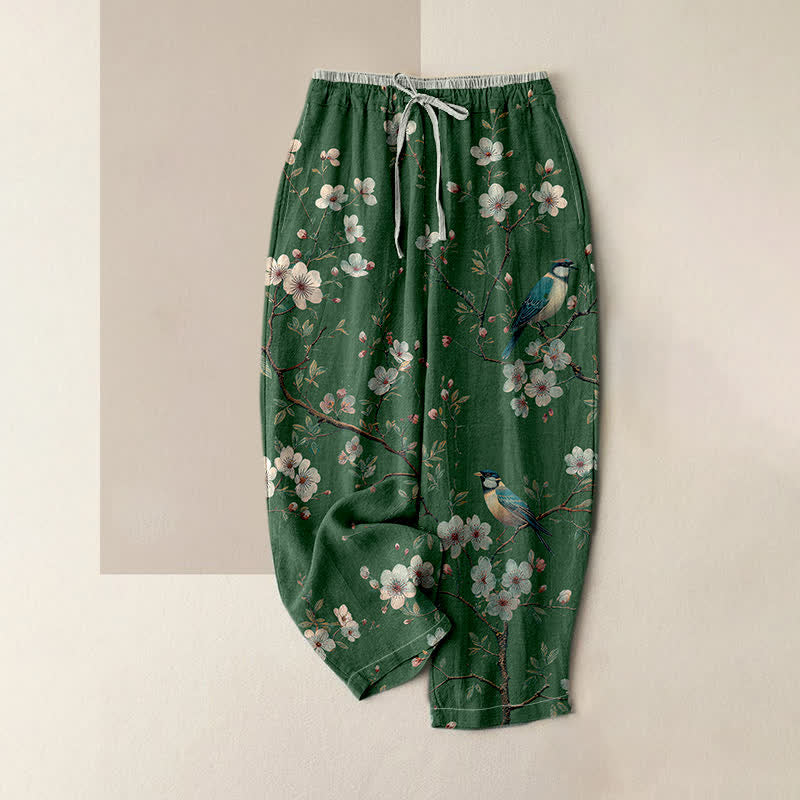 Buddha Stones Pure Cotton Elegant Cherry Blossom Bird Pattern Women's Elastic Waist Pants With Pockets - ForestGreen - US16,UK/AU20,EU48 (3XL) - image 4