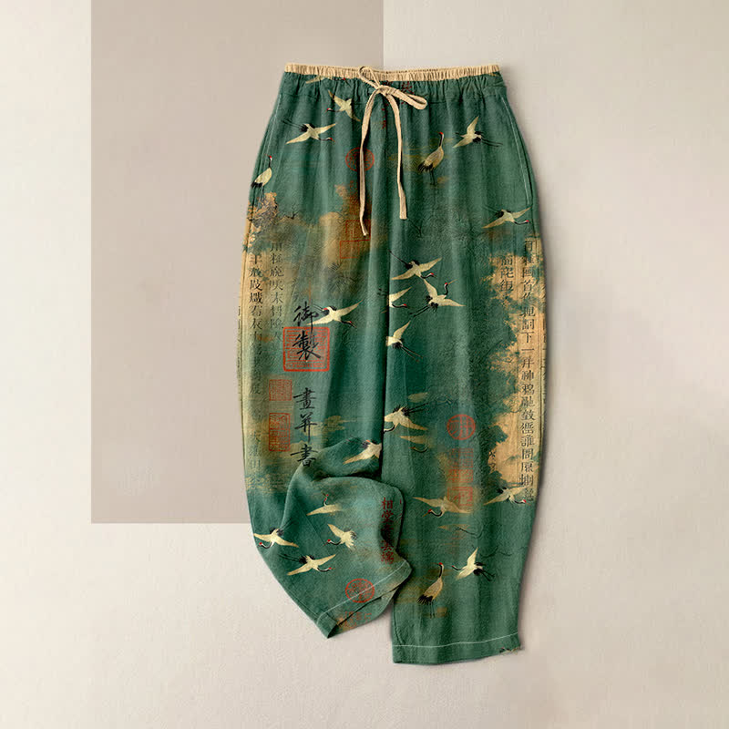 Buddha Stones Pure Cotton Vintage Crane Calligraphy Pattern Women's Elastic Waist Pants With Pockets - SeaGreen - US16,UK/AU20,EU48 (3XL) - image 0