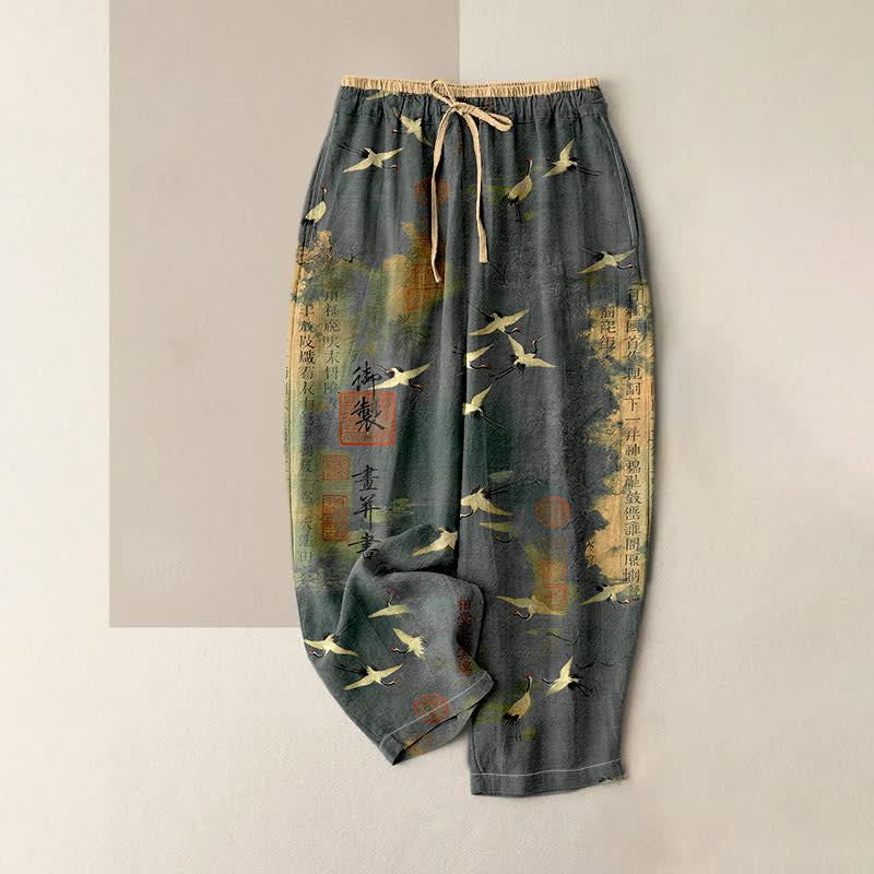 Buddha Stones Pure Cotton Vintage Crane Calligraphy Pattern Women's Elastic Waist Pants With Pockets - SlateGray - US16,UK/AU20,EU48 (3XL) - image 3