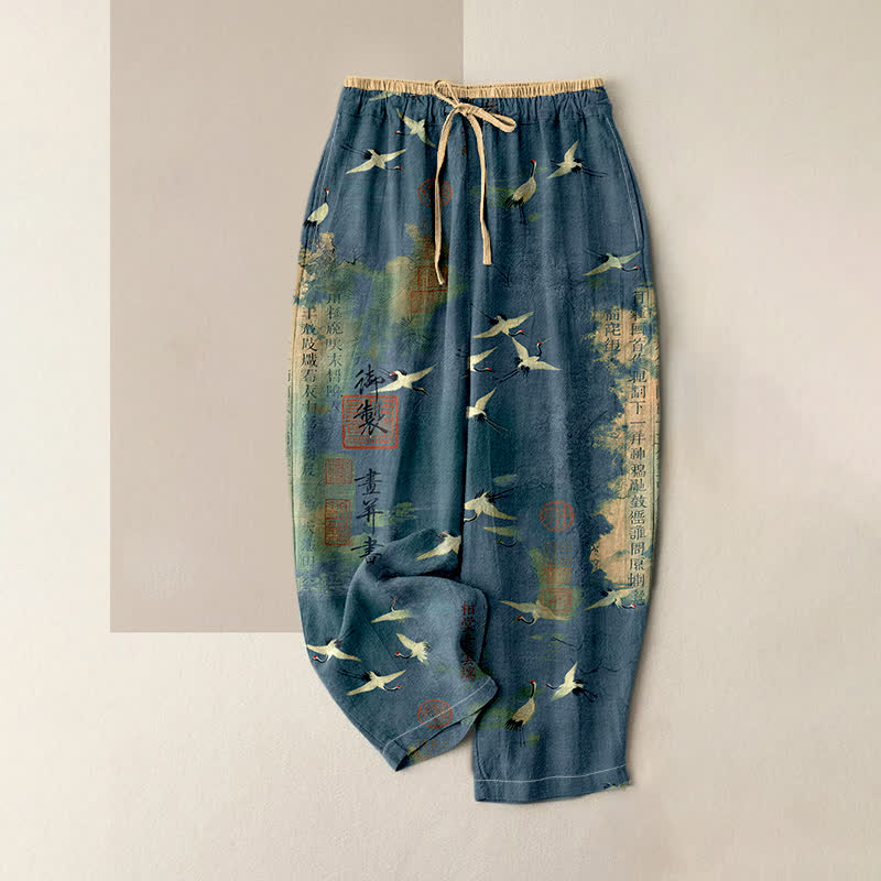 Buddha Stones Pure Cotton Vintage Crane Calligraphy Pattern Women's Elastic Waist Pants With Pockets - SteelBlue - US16,UK/AU20,EU48 (3XL) - image 4