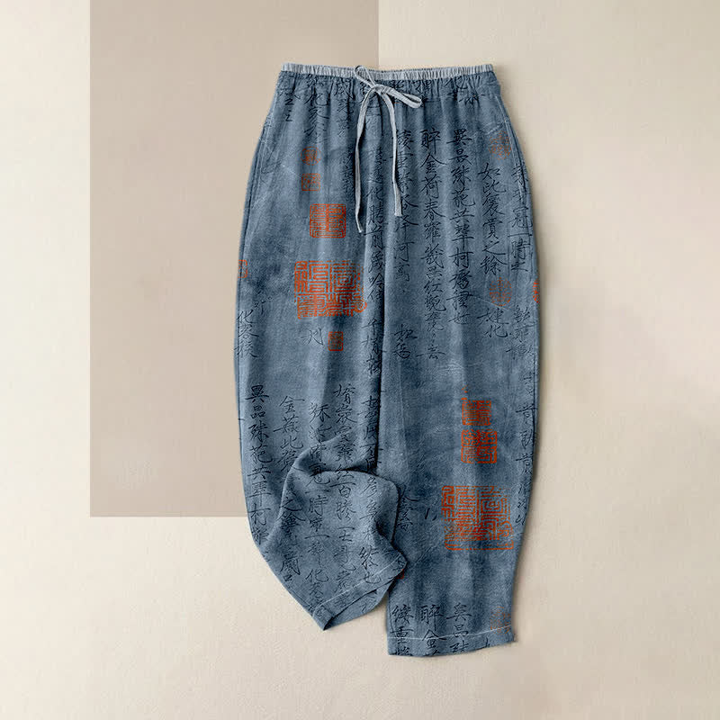 Buddha Stones Pure Cotton Vintage Calligraphy Seal Pattern Women's Elastic Waist Pants With Pockets - SteelBlue - US16,UK/AU20,EU48 (3XL) - image 3