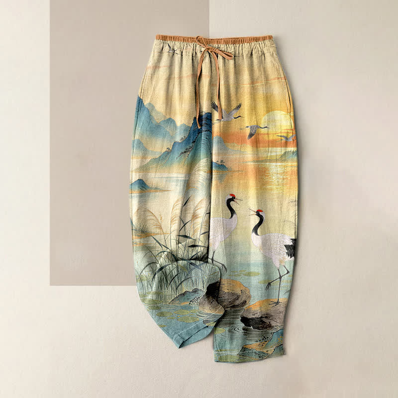 Buddha Stones Pure Cotton Elegant Crane Landscape Pattern Women's Elastic Waist Pants With Pockets - DarkTurquoise - US16,UK/AU20,EU48 (3XL) - image 0